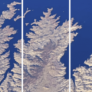 Abstract Landscape Fine Art titled Bluer Than Blue, an aerial view of a blue-water shoreline.