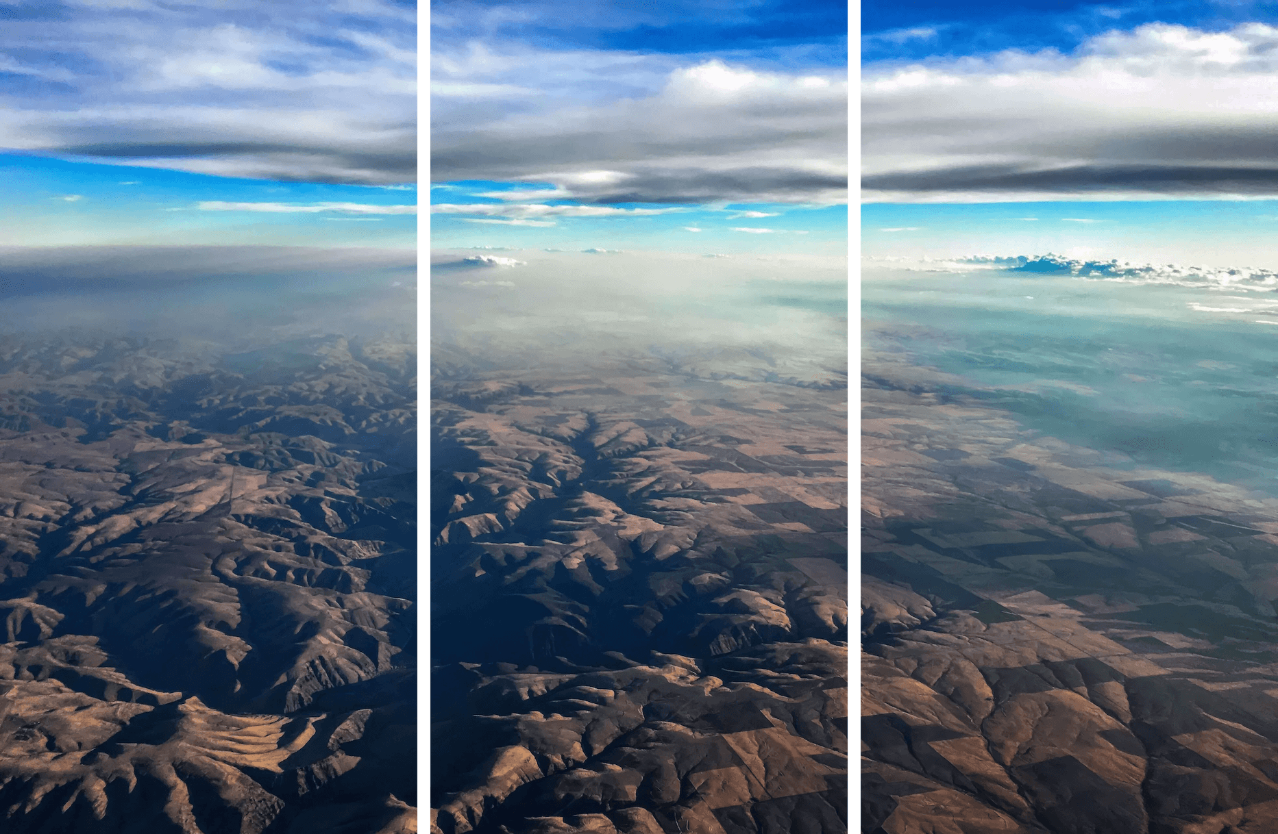 Abstract Landscape Fine Art titled Earth and Sky, aerial view of rugged terrain and blue sky.