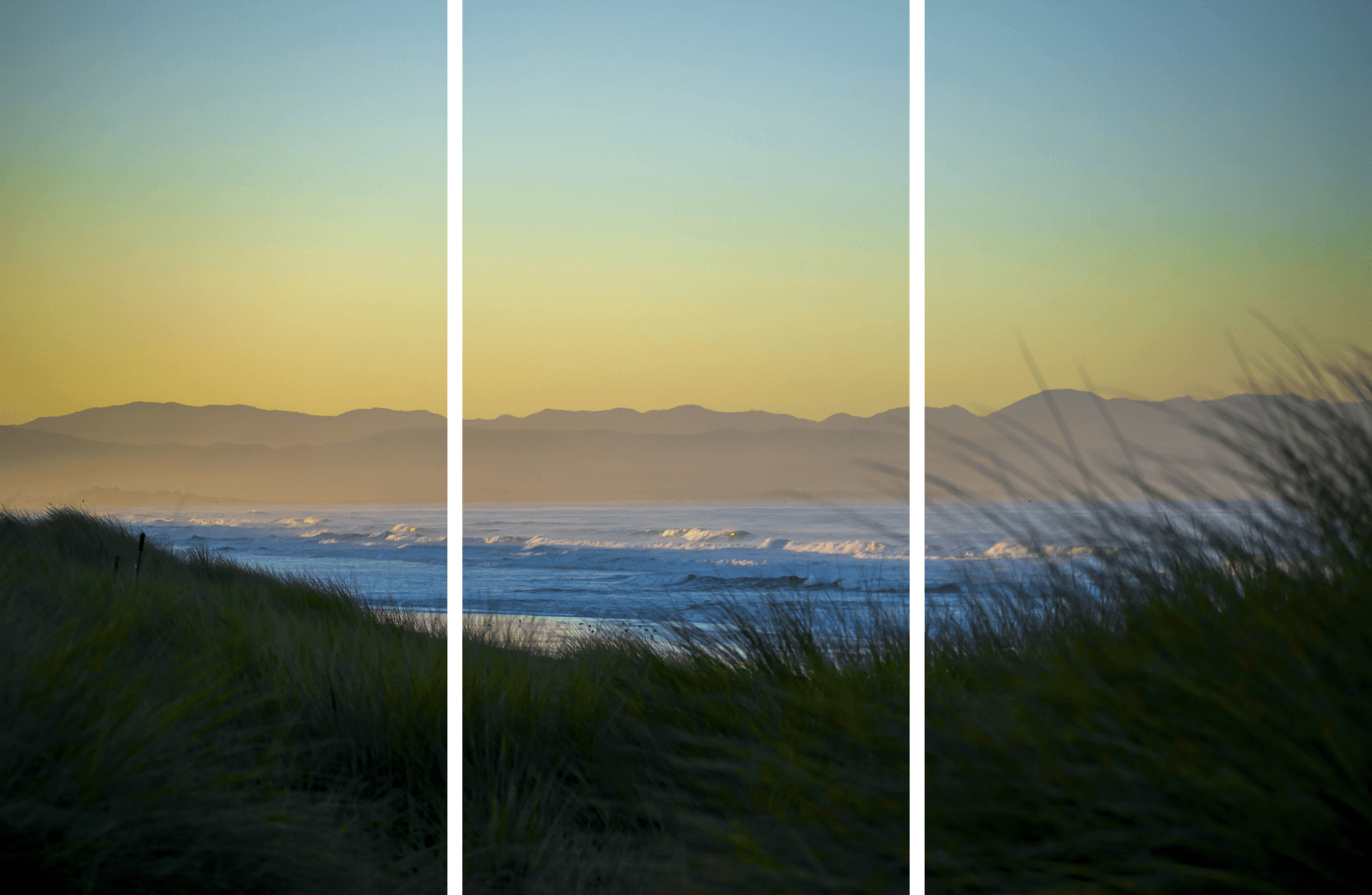 Coastal Landscape Fine Art titled Portrait of Sunrise, panoramic triptych of golden grass and ocean