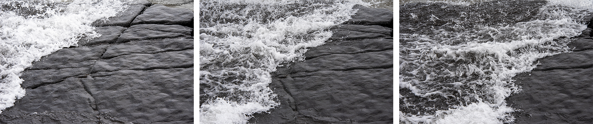Close-up wave progression covering dark shoreline rock in a three-part lake superior basalt triptych print set.
