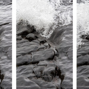 Lake superior triptych print showing a three-part wave progression surging through dark basalt rock on Brighton Beach.