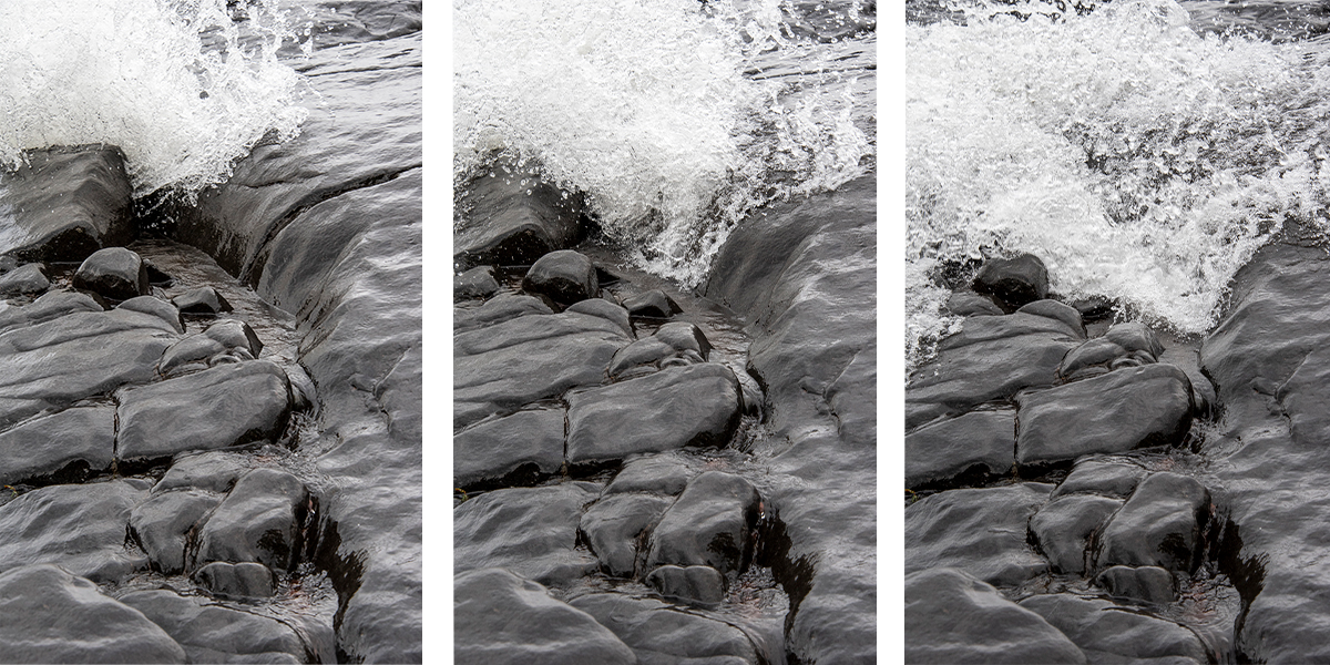 Lake superior triptych print showing a three-part wave progression surging through dark basalt rock on Brighton Beach.